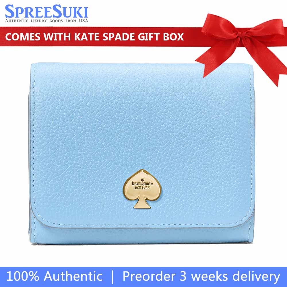 Kate Spade Small Wallet Kayla Pebble Leather Small Lzip Montauk Blue # KK056