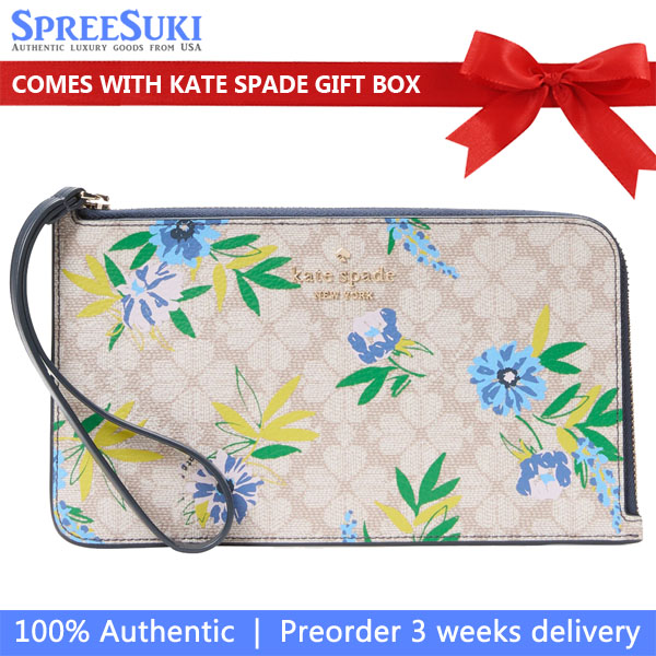 Kate Spade Lucy Spade Flower Floral Medium L-Zip Wristlet Blazer Blue Multi # KK933