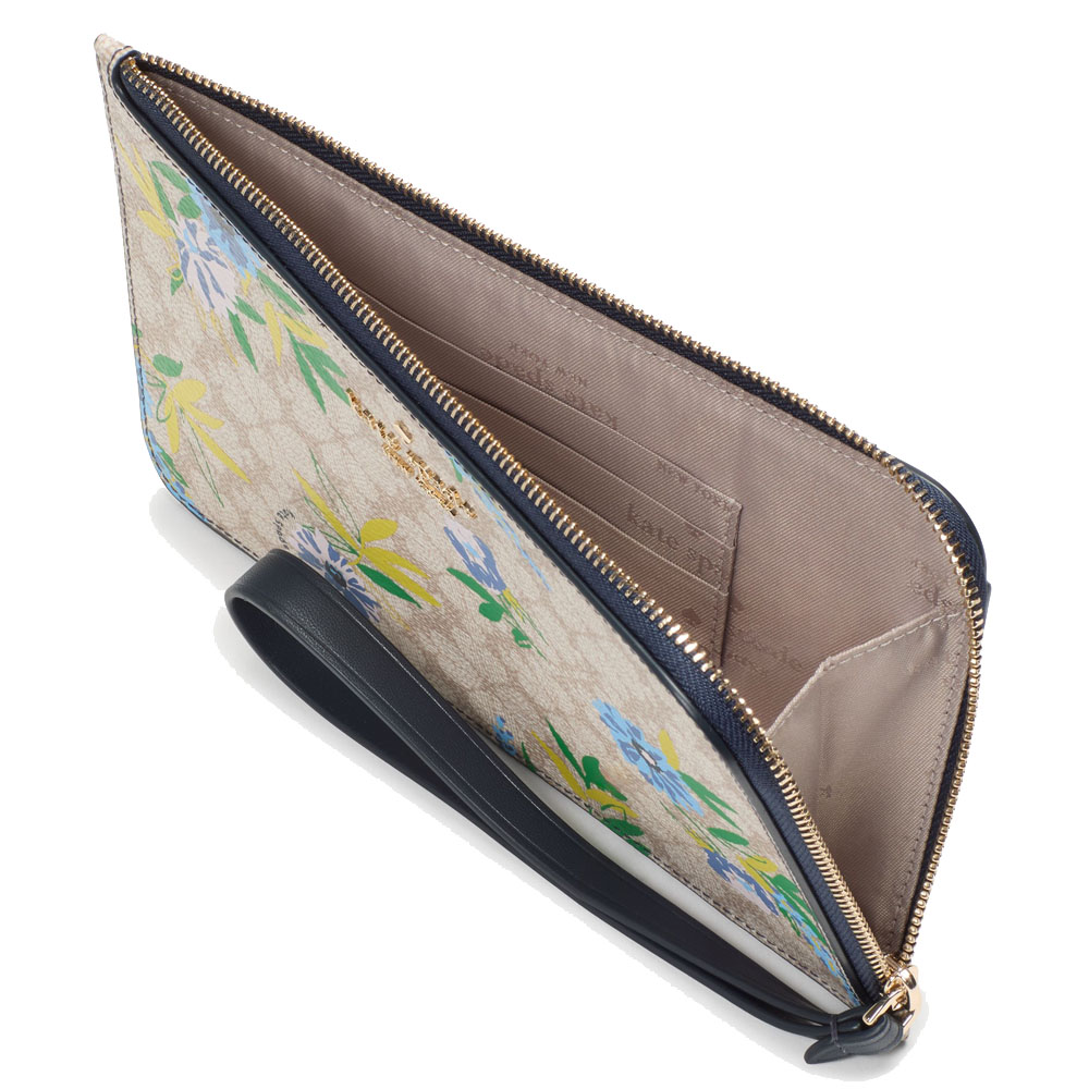 Kate Spade Lucy Spade Flower Floral Medium L-Zip Wristlet Blazer Blue Multi # KK933