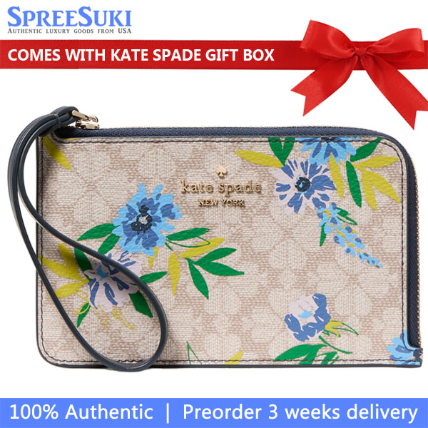 Kate Spade Lucy Spade Flower Floral Small L-Zip Wristlet Blazer Blue Multi # KK936