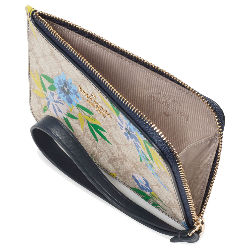 Kate Spade Lucy Spade Flower Floral Small L-Zip Wristlet Blazer Blue Multi # KK936