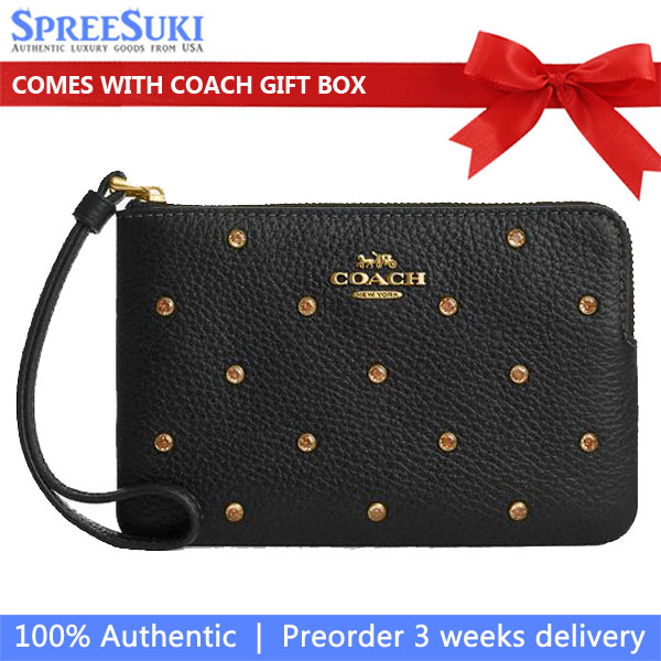 Coach Corner Zip Wristlet With Crystal Brass Black # CAQ60