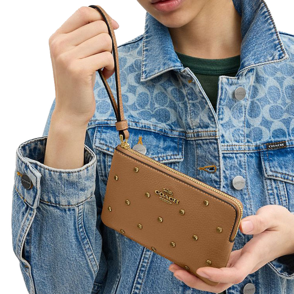 Coach Corner Zip Wristlet With Crystal Brass Honey Brown # CAQ60