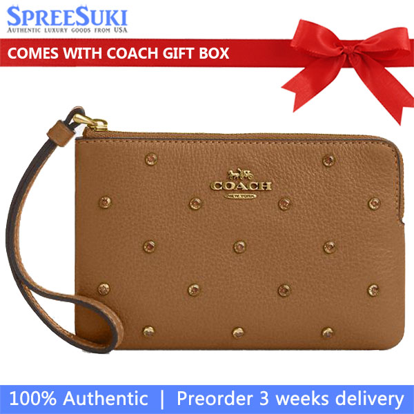 Coach Corner Zip Wristlet With Crystal Brass Honey Brown # CAQ60