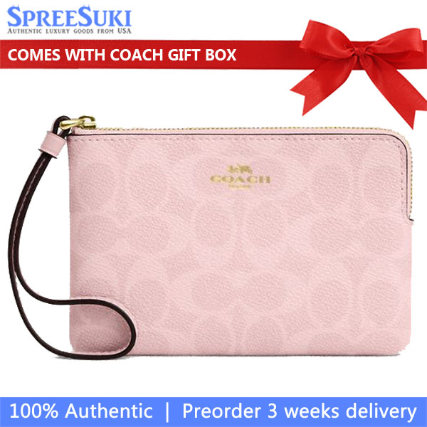 Coach Corner Zip Wristlet In Signature Canvas Powder Pink # CAQ75