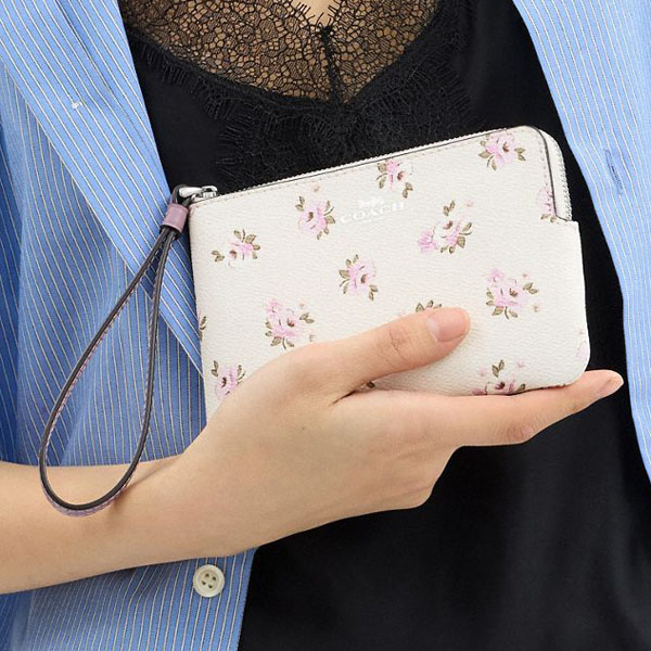 Coach Corner Zip Wristlet With Floral Print Silver Chalk Multi # CAL72
