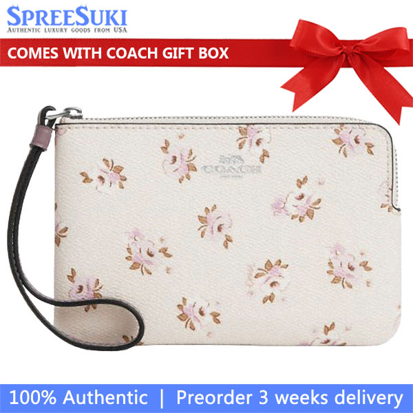Coach Corner Zip Wristlet With Floral Print Silver Chalk Multi # CAL72