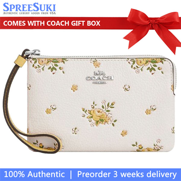 Coach Corner Zip Wristlet With Floral Print Silver Chalk Multi # CAQ58