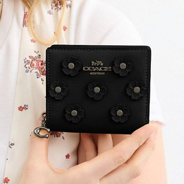 Coach Snap Wallet With Floral Applique Gunmetal Black # CAP16