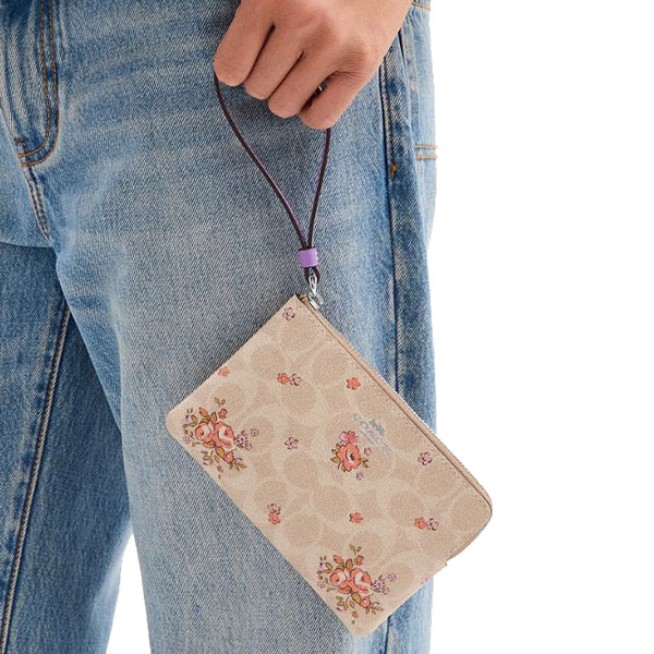 Coach Corner Zip Wristlet In Signature Canvas With Floral Print Silver Sand Multi # CAQ59