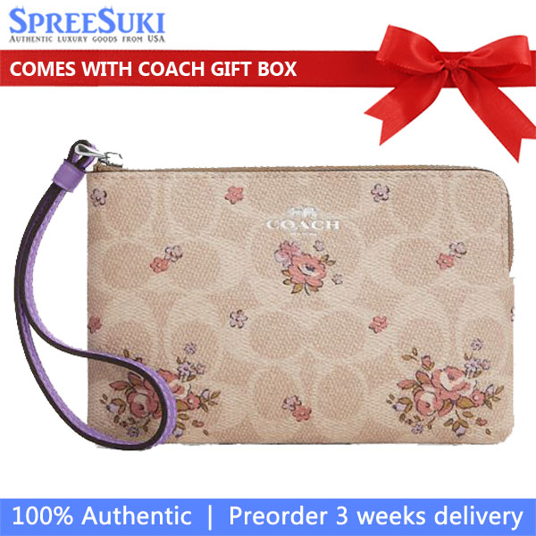 Coach Corner Zip Wristlet In Signature Canvas With Floral Print Silver Sand Multi # CAQ59