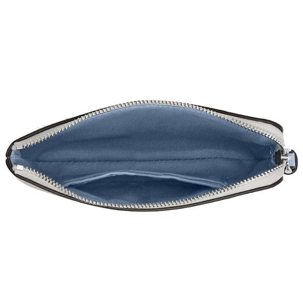 Coach Corner Zip Wristlet In Signature Canvas With Coach Script Silver Chalk Bluebell # CAQ74