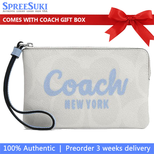 Coach Corner Zip Wristlet In Signature Canvas With Coach Script Silver Chalk Bluebell # CAQ74