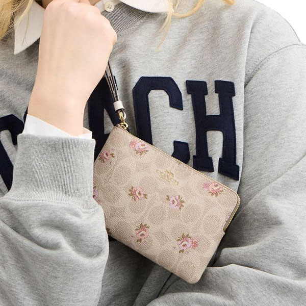 Coach Corner Zip Wristlet In Signature Canvas With Floral Print Sand Multi # CAR20