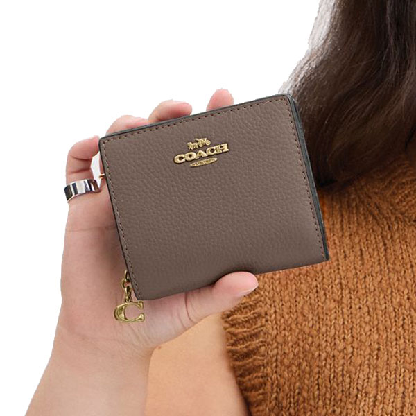 Coach Small Wallet Pebble Leather Snap Wallet Dark Stone # C2862