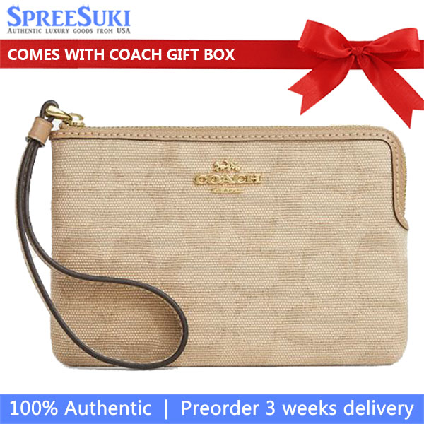 Coach Corner Zip Wristlet With Signature Canvas Dark Natural Multi # CAQ57