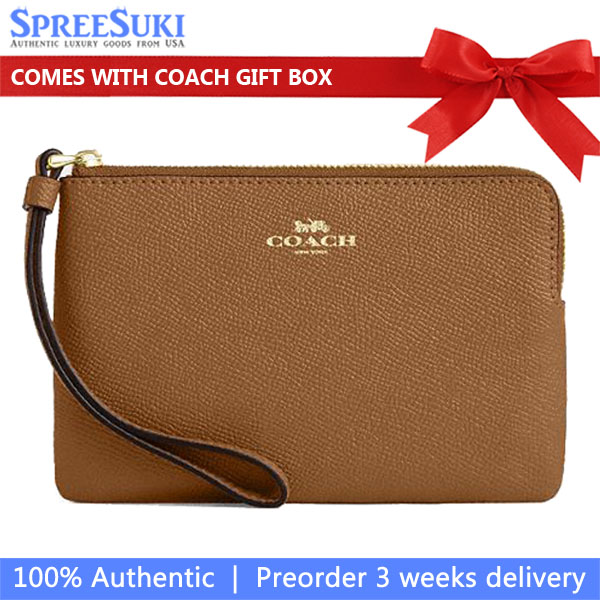 Coach Small Wristlet In Gift Box Corner Zip Wristlet In Crossgrain Leather Honey Brown # 58032