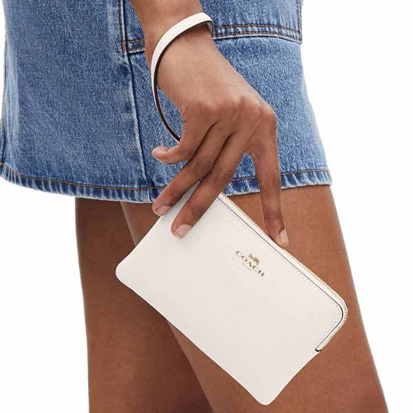 Coach Small Wristlet Crossgrain Leather Corner Zip Chalk # CV396