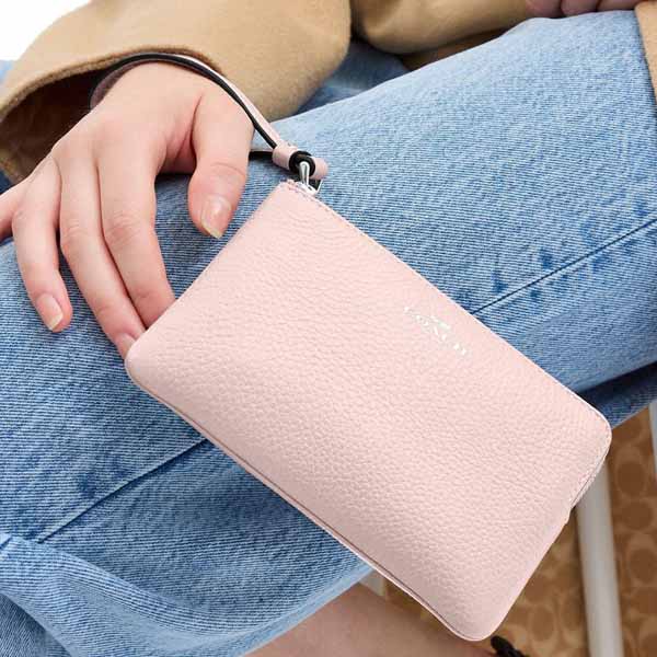 Coach Small Wristlet Pebbled Leather Corner Zip Silver Blush # CP483