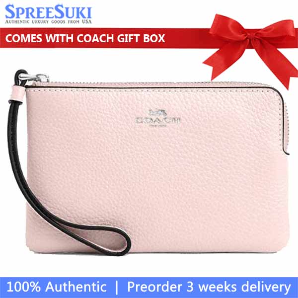 Coach Small Wristlet Pebbled Leather Corner Zip Silver Blush # CP483