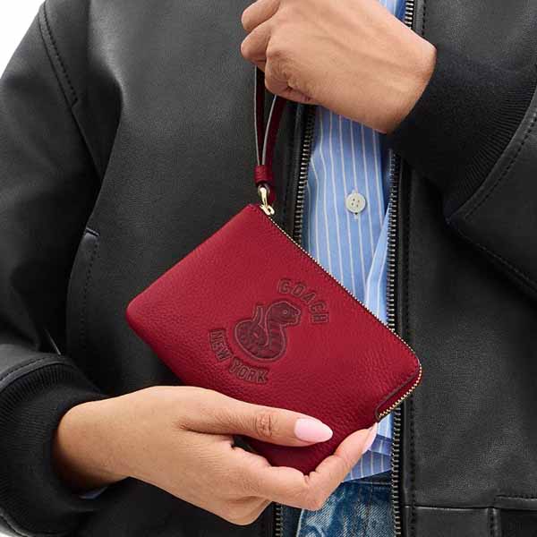 Coach New Year Corner Zip Wristlet With Snake Graphic Ruby # CZ529