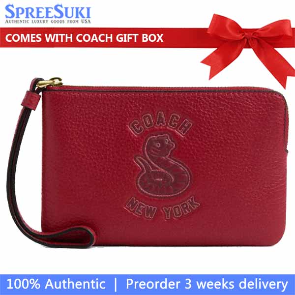Coach New Year Corner Zip Wristlet With Snake Graphic Ruby # CZ529