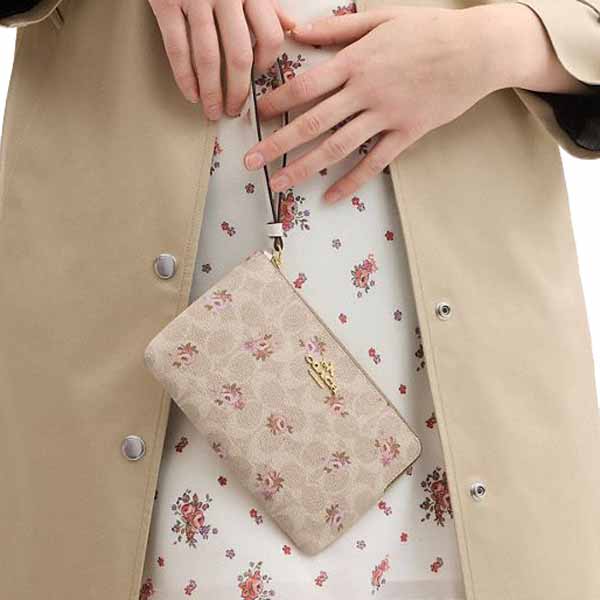 Coach Large Corner Zip Wristlet In Signature Canvas Sand Multi # CBA72