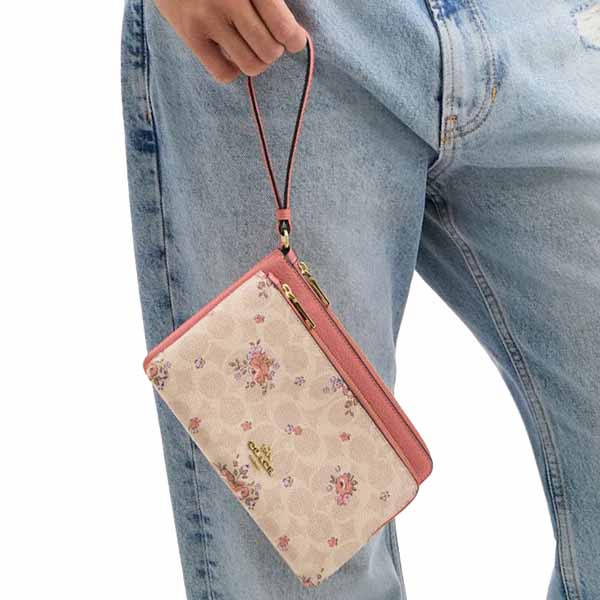 Coach Double Zip Wallet In Signature Canvas With Floral Print Sand Multi # CAY49