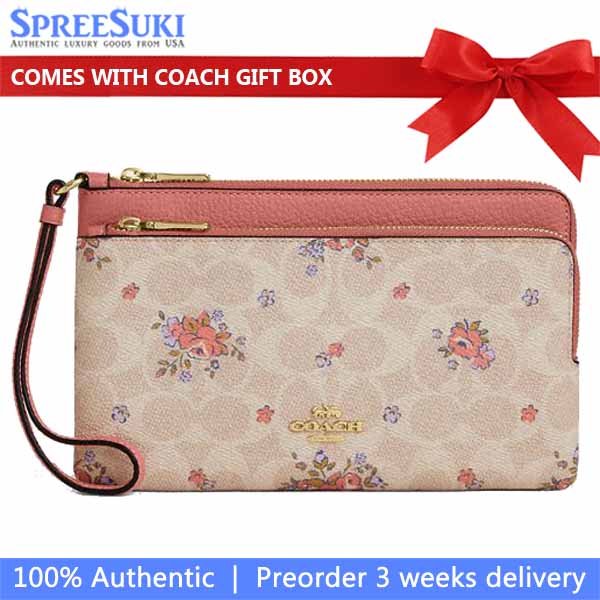 Coach Double Zip Wallet In Signature Canvas With Floral Print Sand Multi # CAY49
