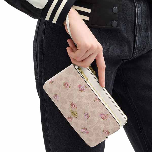 Coach Double Zip Wallet With Signature Canvas With Floral Print Sand Multi # CAR09
