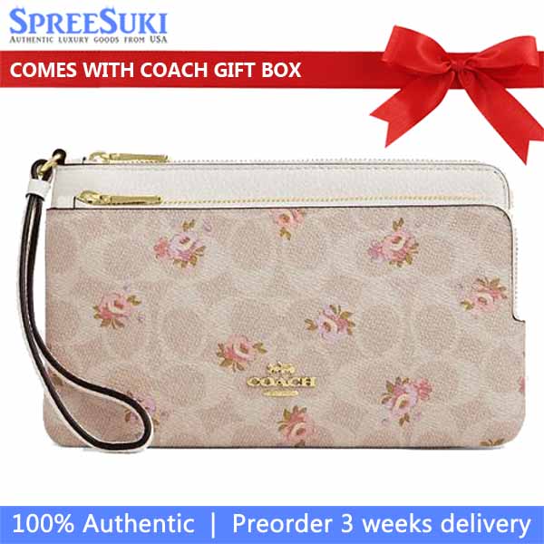 Coach Double Zip Wallet With Signature Canvas With Floral Print Sand Multi # CAR09