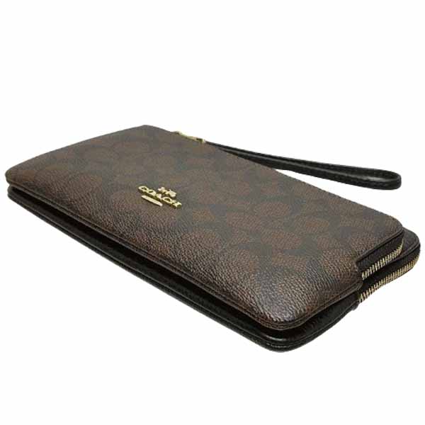 Coach Double Zip Wallet In Signature Canvas Walnut Black # CX161