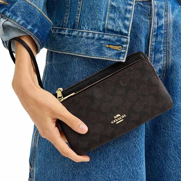 Coach Double Zip Wallet In Signature Canvas Walnut Black # CX161