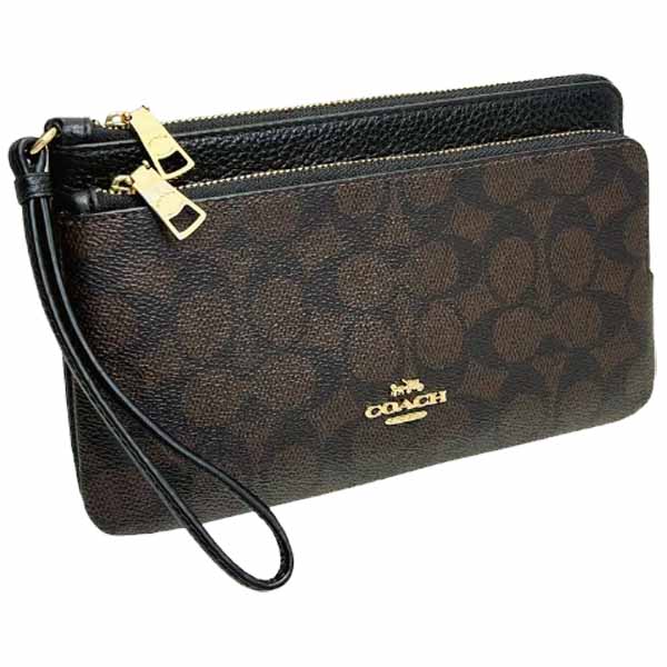Coach Double Zip Wallet In Signature Canvas Walnut Black # CX161