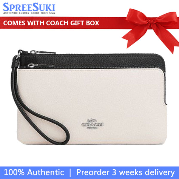Coach Large Wristlet Contrast Double Zip Wallet Chalk Off White Black # CU921