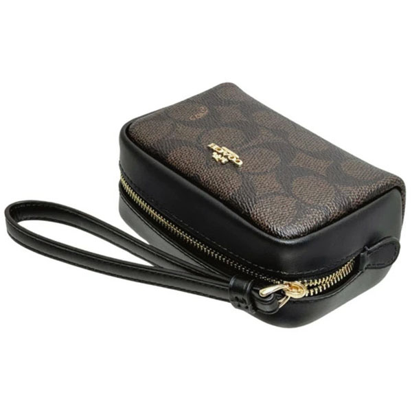Coach Pouch Wristlet In Signature Canvas Walnut Black # CW907