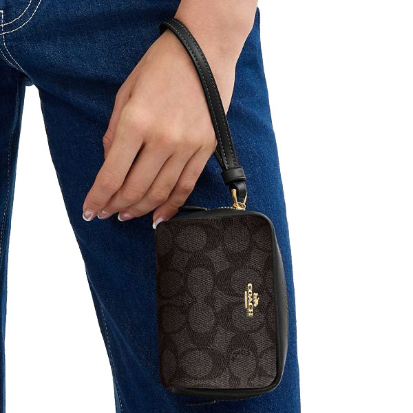 Coach Pouch Wristlet In Signature Canvas Walnut Black # CW907