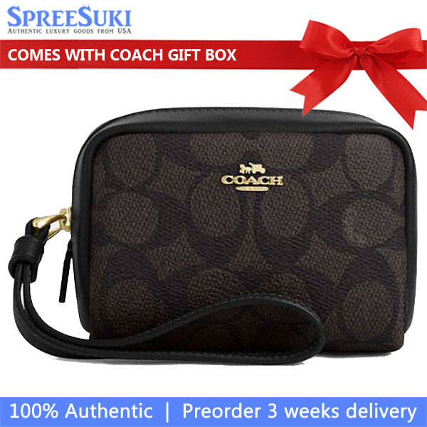 Coach Pouch Wristlet In Signature Canvas Walnut Black # CW907