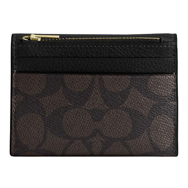 Coach Card Holder Wallet In Signature Canvas Walnut / Black # CZ034