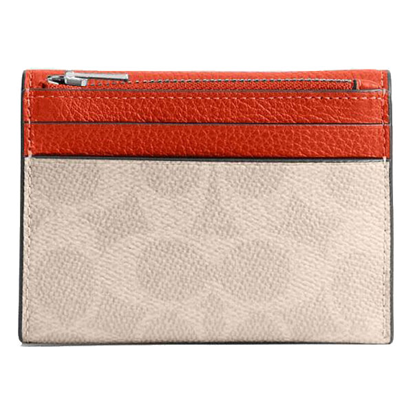 Coach Card Holder Wallet In Signature Canvas Silver / Sand / Deep Orange # CZ034