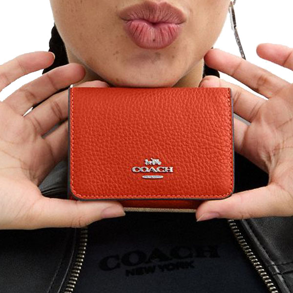 Coach Card Holder Wallet In Signature Canvas Silver / Sand / Deep Orange # CZ034