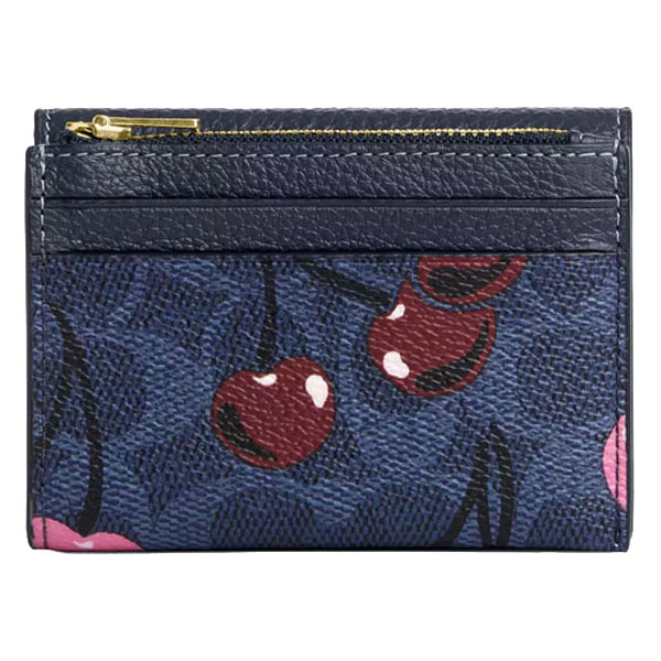 Coach Card Holder Wallet In Signature Canvas With Cherry Print Denim Multi # CZ448