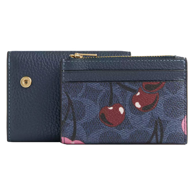 Coach Card Holder Wallet In Signature Canvas With Cherry Print Denim Multi # CZ448