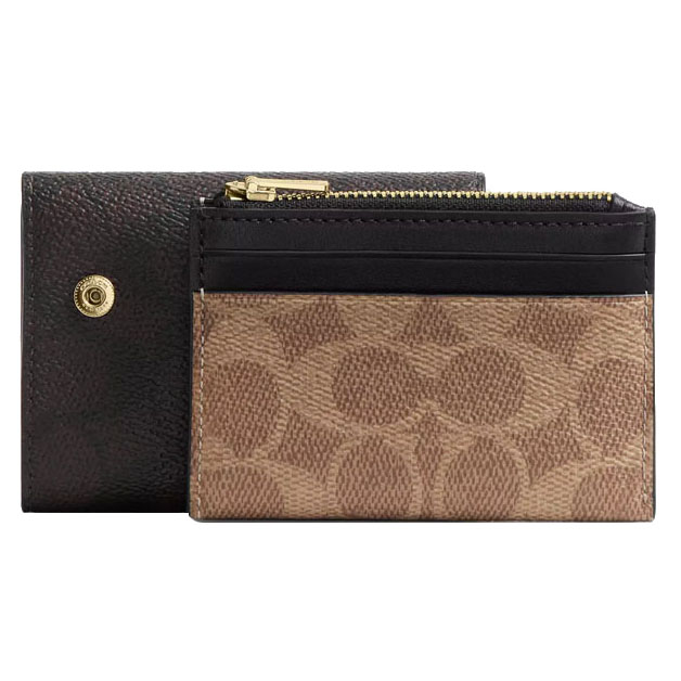 Coach Card Holder Wallet In Blocked Signature Canvas Walnut / Tan # CZ446