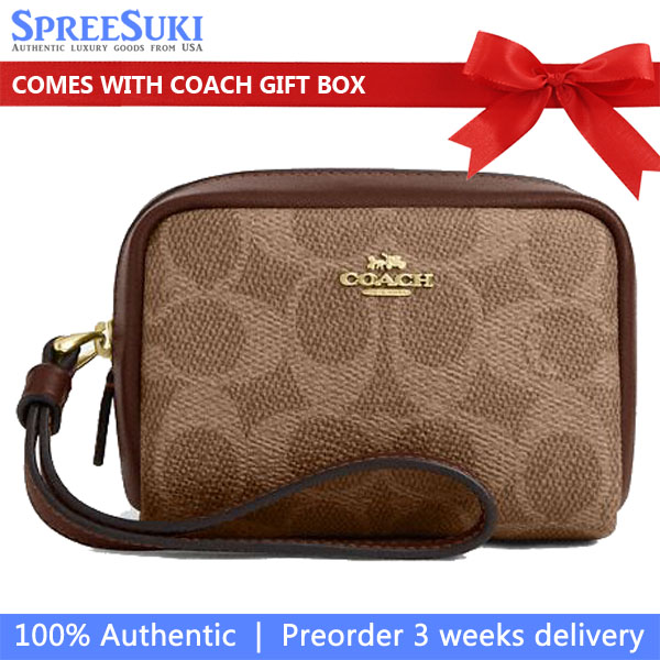 Coach Pouch Wristlet In Signature Canvas Tan Brown # CW907