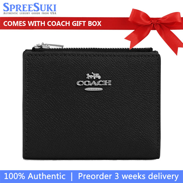Coach Small Wallet Crossgrain Leather Bifold Wallet Silver Black # CR983