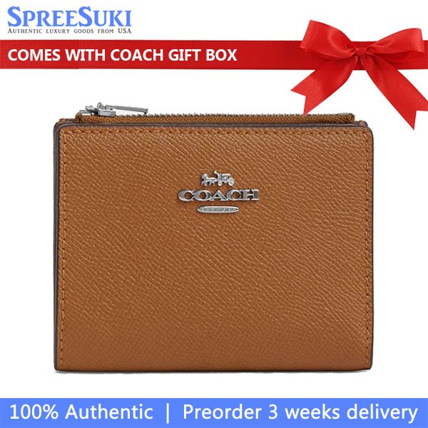 Coach Small Wallet Crossgrain Leather Bifold Wallet Silver Light Saddle # CR983