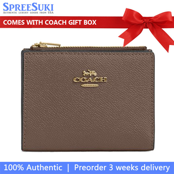 Coach Small Wallet Crossgrain Leather Bifold Wallet Dark Stone # CR983