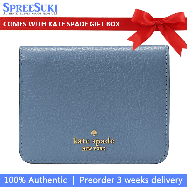 Kate Spade Small Wallet Lena Pebbled Leather Small Slim Bifold Wallet Bluestone # KH788