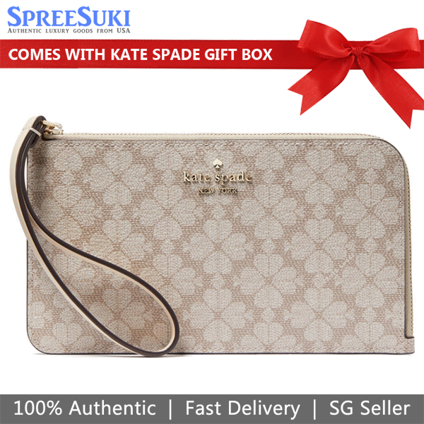 Kate Spade Large Wristlet Lucy Spade Flower Medium L-Zip Wristlet Dark Beige # KG487